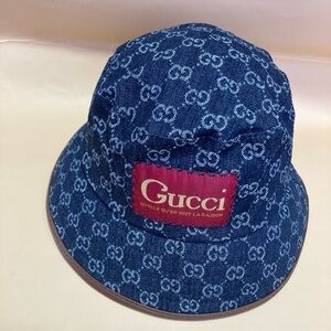 Gucci Denim Blue Bucket Hat with Red Patch